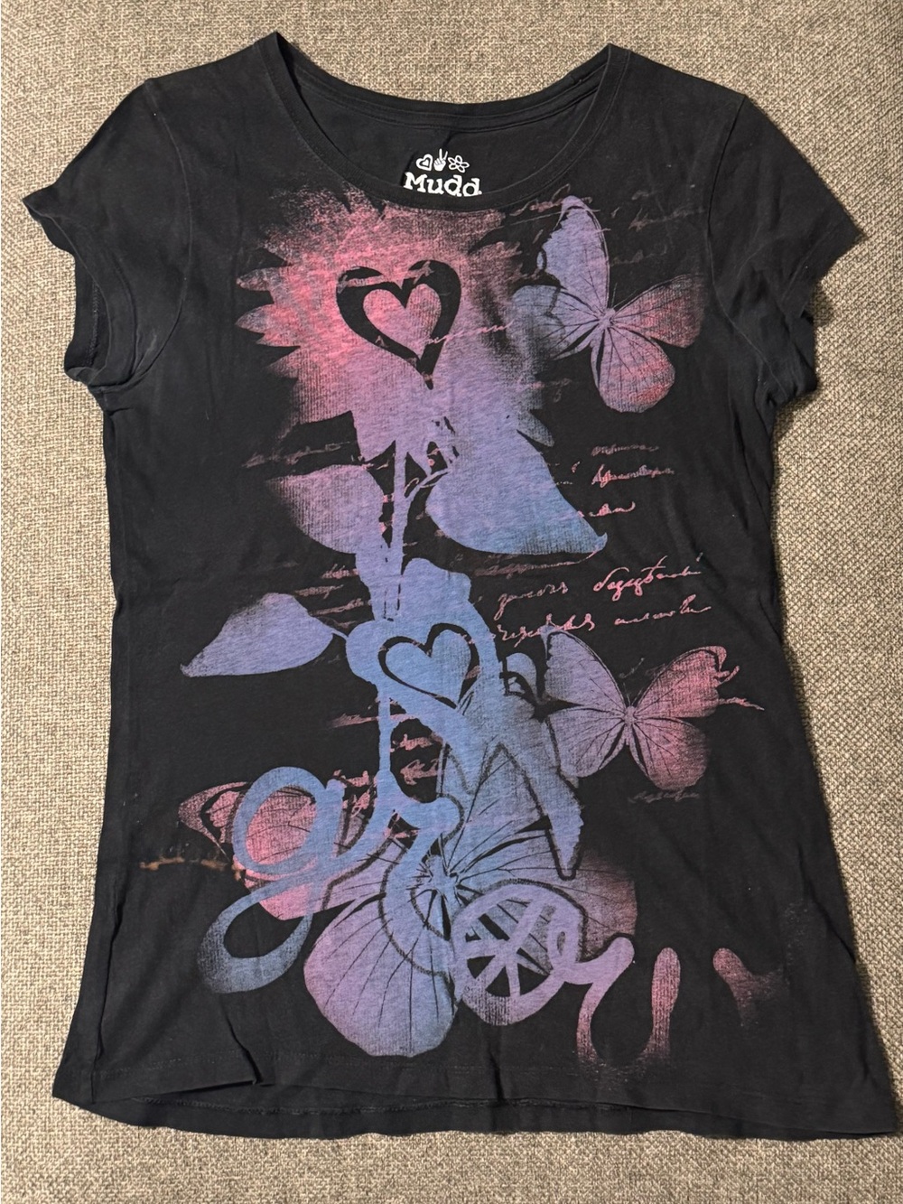 Mudd Black Tee with Pink and Purple Butterfly Graphic Size XL